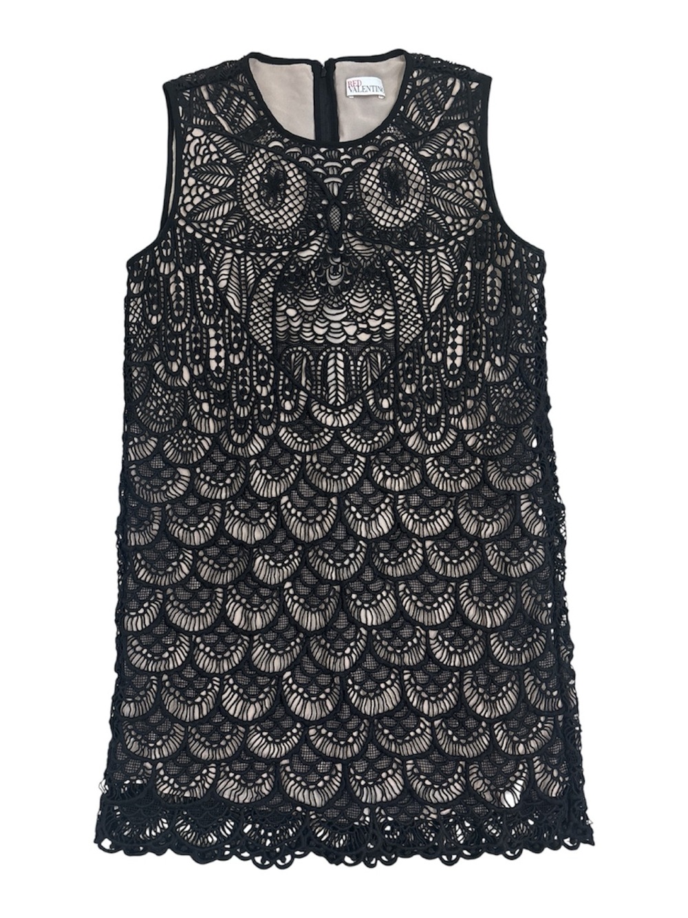 RED Valentino Black Owl Macramé Lace Shift Mini Dress size EU 44, US 12